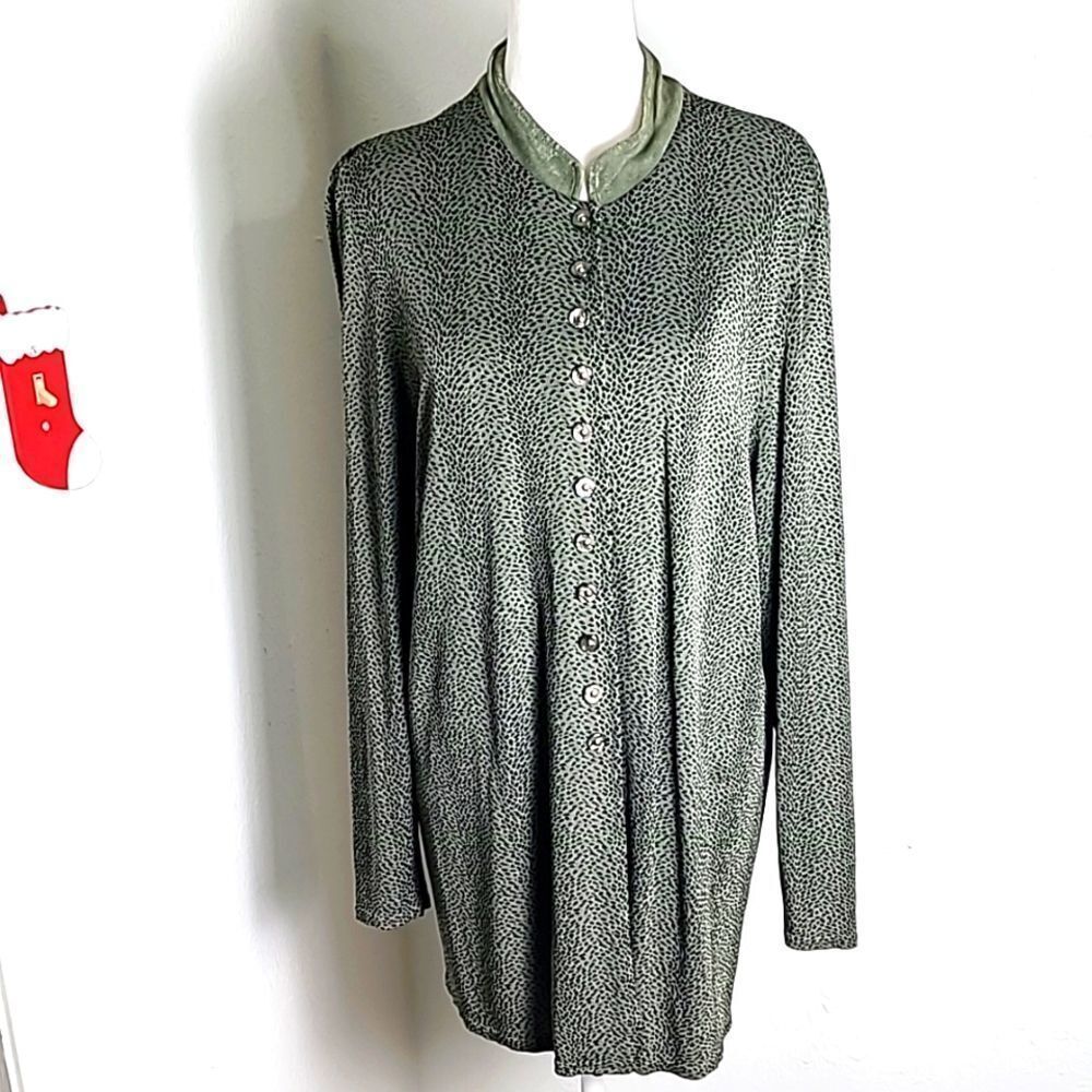 Stephanie Thomas Sport Vintage Buttondown Long Blouse Green & Black Print, Sz 16